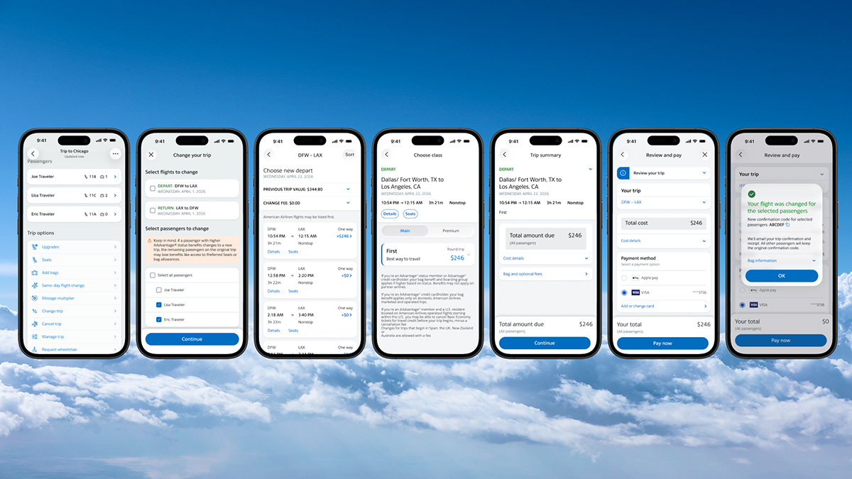American Airlines mobile app — seven screens of the change-trip flow, from passenger selection through payment and confirmation