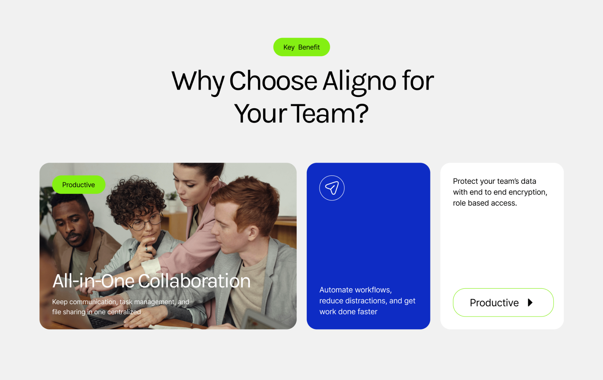 Aligno, Why Choose Aligno for Your Team key benefit section with three cards