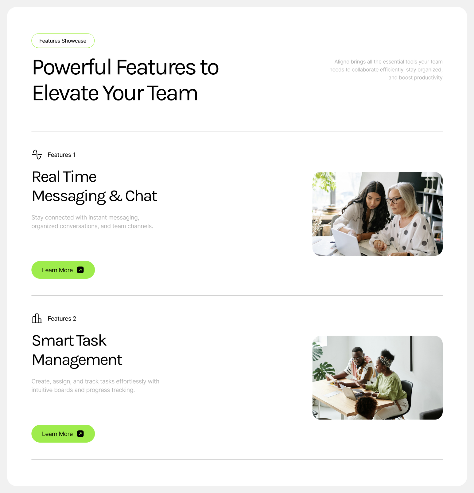 Aligno, Powerful Features to Elevate Your Team section with Real Time Messaging and Smart Task Management rows
