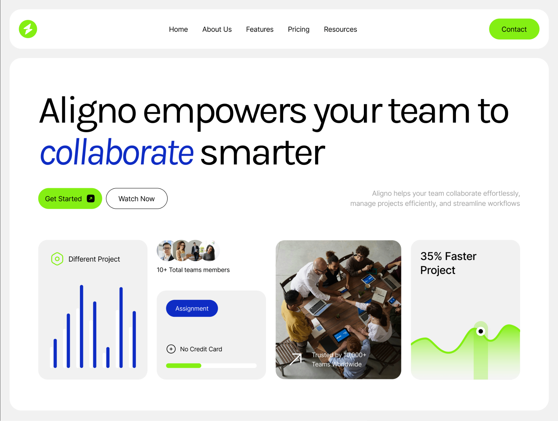 Aligno · SaaS landing, Marketing site for a collaboration tool that isn't shy about it