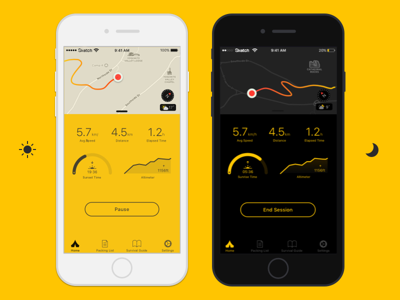 Camp on the Go — day mode and night mode iPhone screens side by side