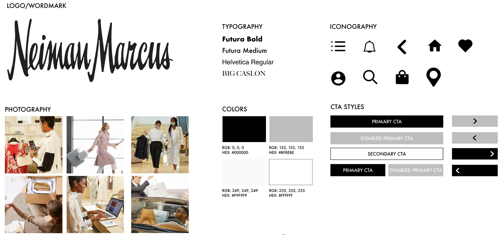 Neiman Marcus subscription style guide — typography, color, imagery, and component usage