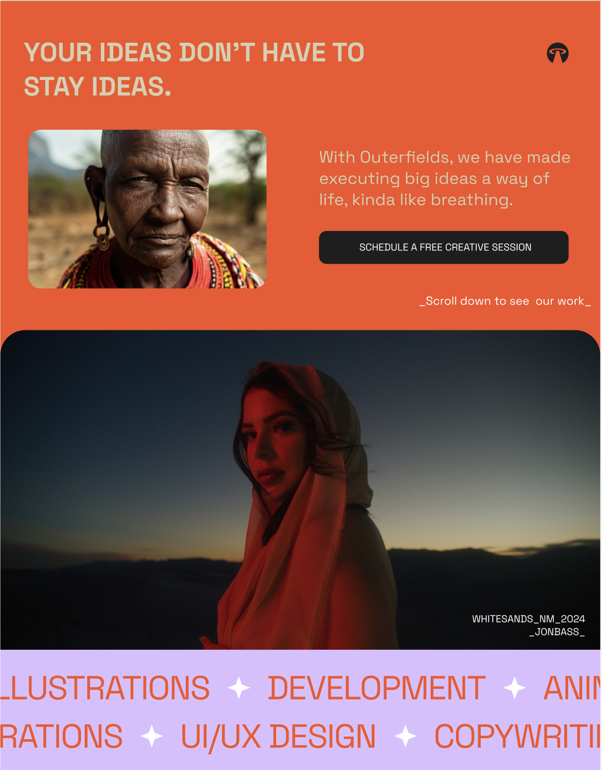 Orange section with creative session CTA followed by a red-lit portrait