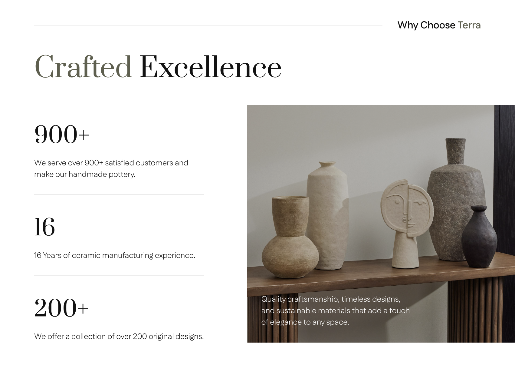 Terra Crafted Excellence stats section with sculptural vase still life