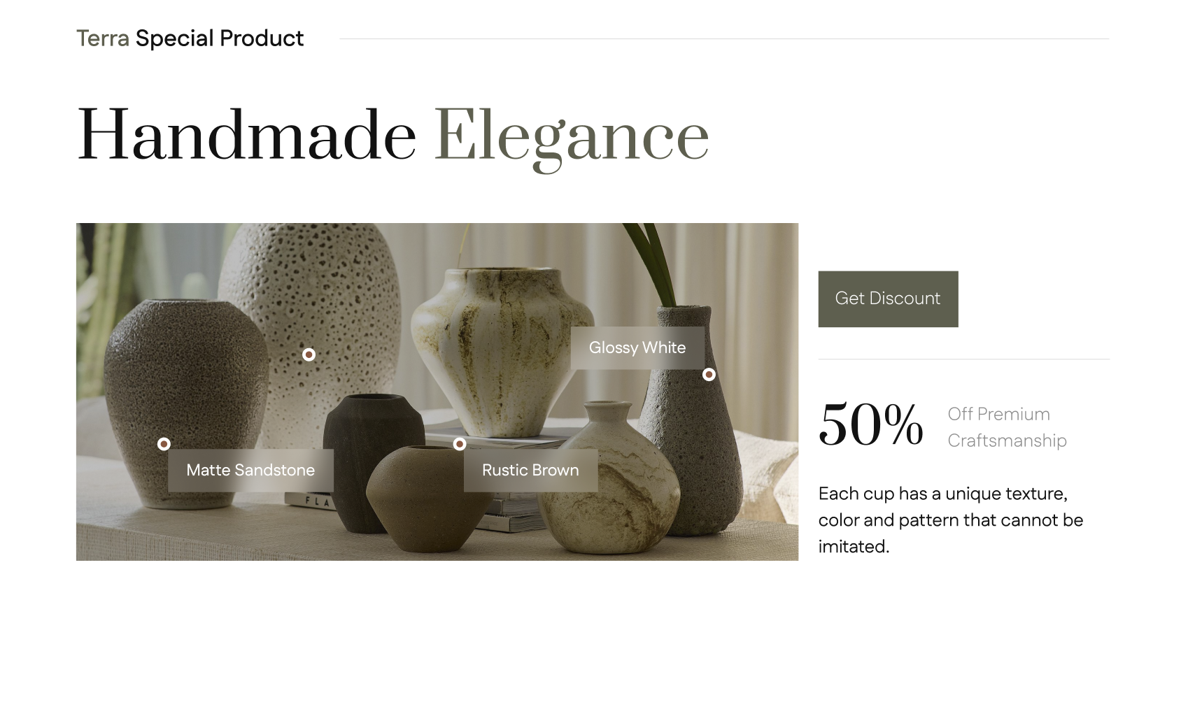 Terra Handmade Elegance section with hotspotted vases and a discount call-out
