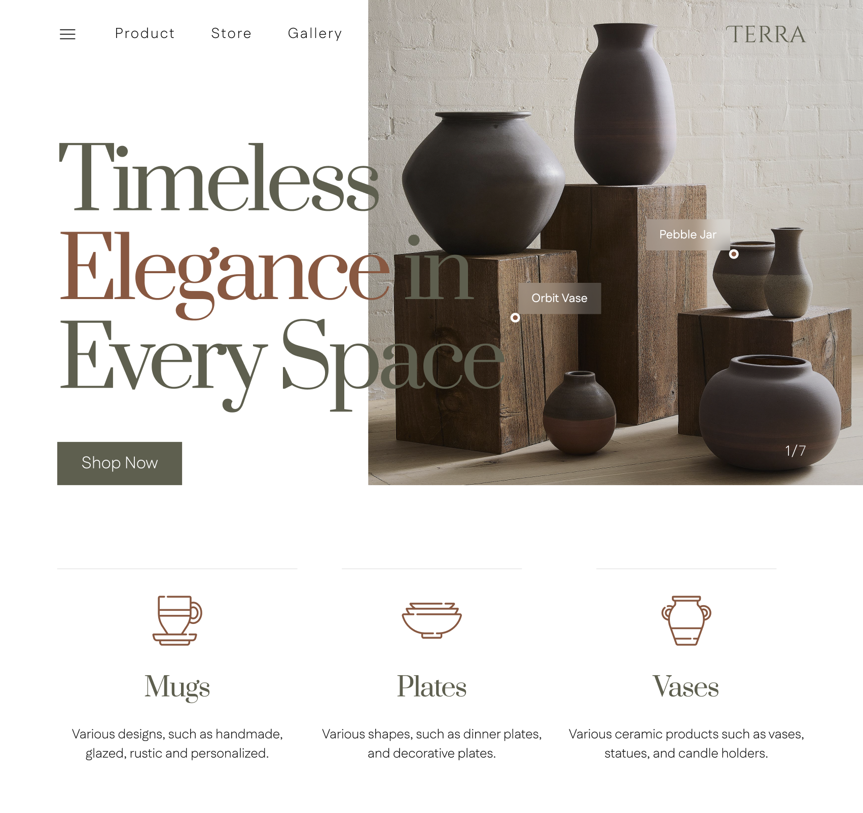 Terra · Ceramics retail, A landing page for a modern ceramics house