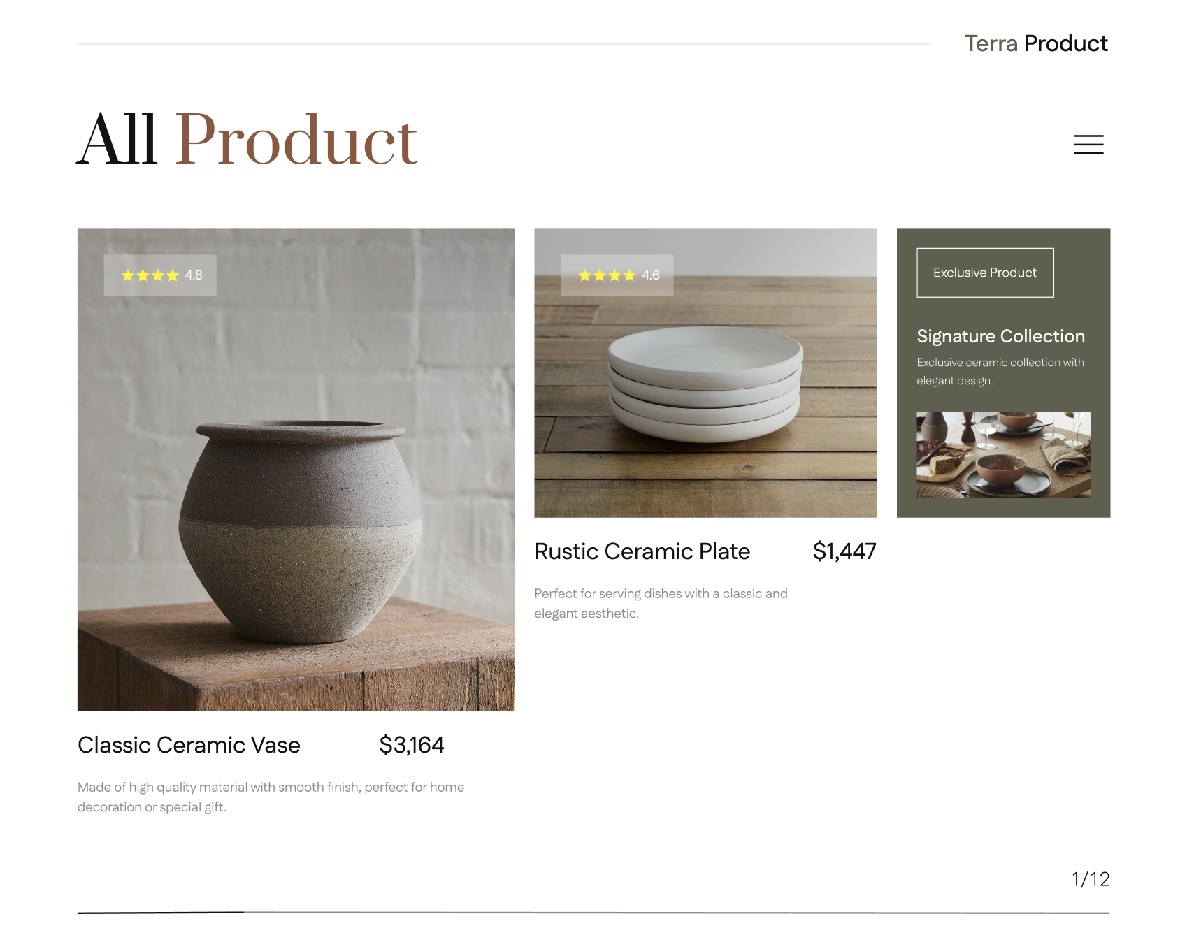 Terra ceramics all-products listing page concept, bento grid with hero vase, plate card, and Signature Collection promo