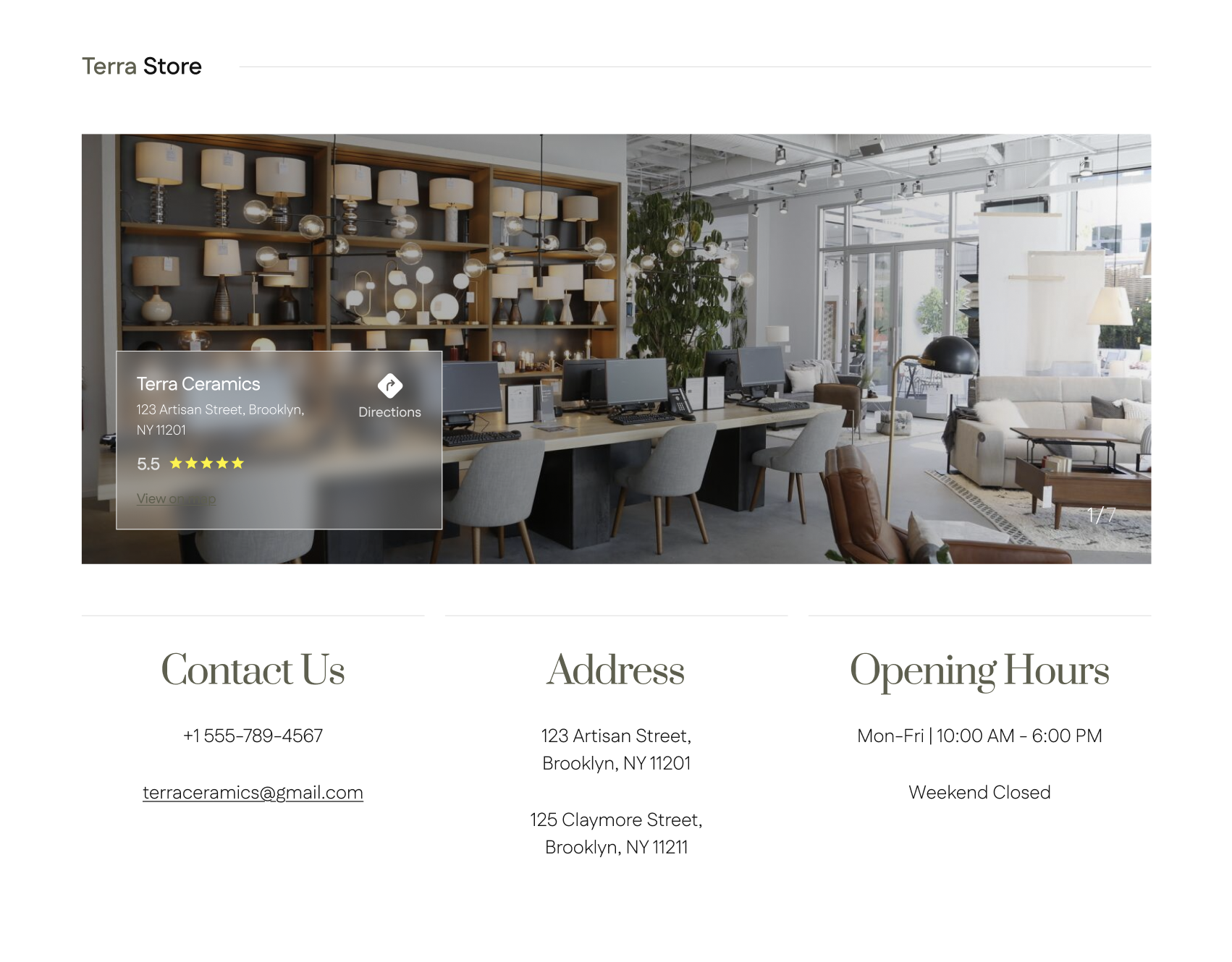 Terra Store section with showroom photo, map card, and contact, address, and opening-hours columns